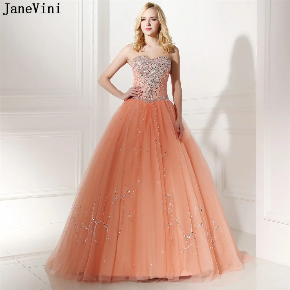 

JaneVini Elegant Tulle Long Bridesmaid Dresses Ball Gown Sweetheart Beads Crystal Floor Length Women Formal Prom Gowns Plus Size