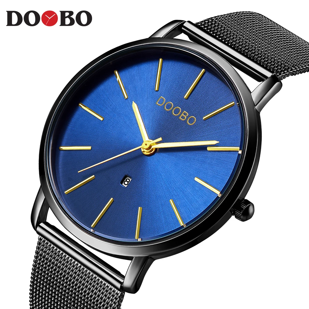 DOOBO Slim Men Quartz Watch Mens Watches Top Brand Luxury Black Blue Stainless Steel Mesh Sport Wrist Male Thin Clock D037 | Наручные