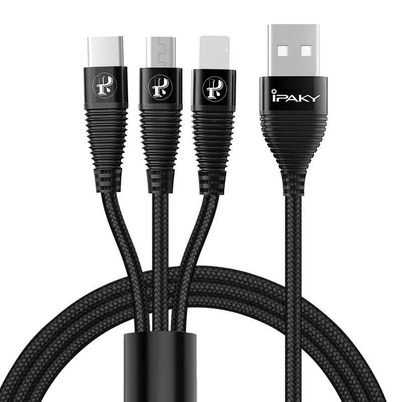 Black IPAKY USB кабель 3 в 1 быстрая зарядка usb-шнур синхронизации данных usb type C кабель для huawei mate 20 P30 для iPhone samsung Xiaomi - Цвет: Black
