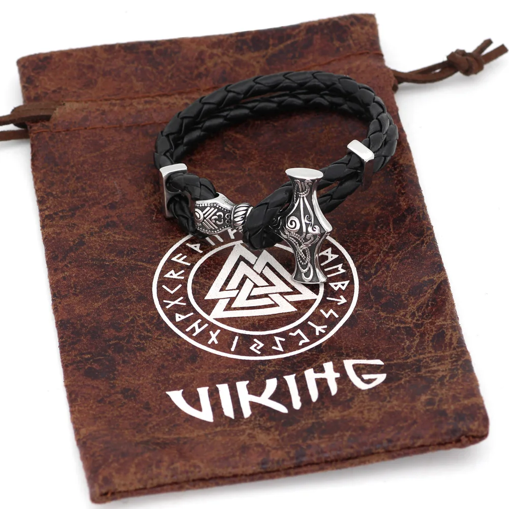 Мужской браслет Молот mjolnir скандинавский Викинг с подарочной сумкой valknut из кожи