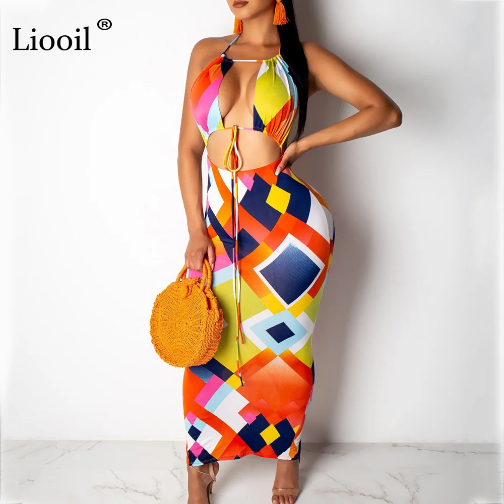 Liooil Tie Dye Женский комплект 2 шт. Холтер облегающее Макси платье с открытой спиной Платья размера плюс длинные сексуальные платья вечерние платья для ночного клуба