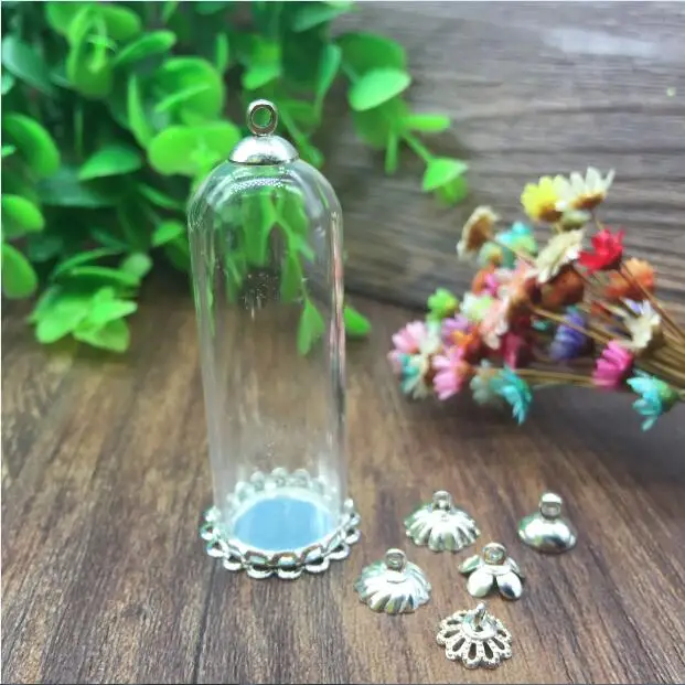 

50sets/lot 50*18mm glass globe silver plated filigree DOUBLE LACE base tray cap glass vial pendant bottle dome jewelry findings