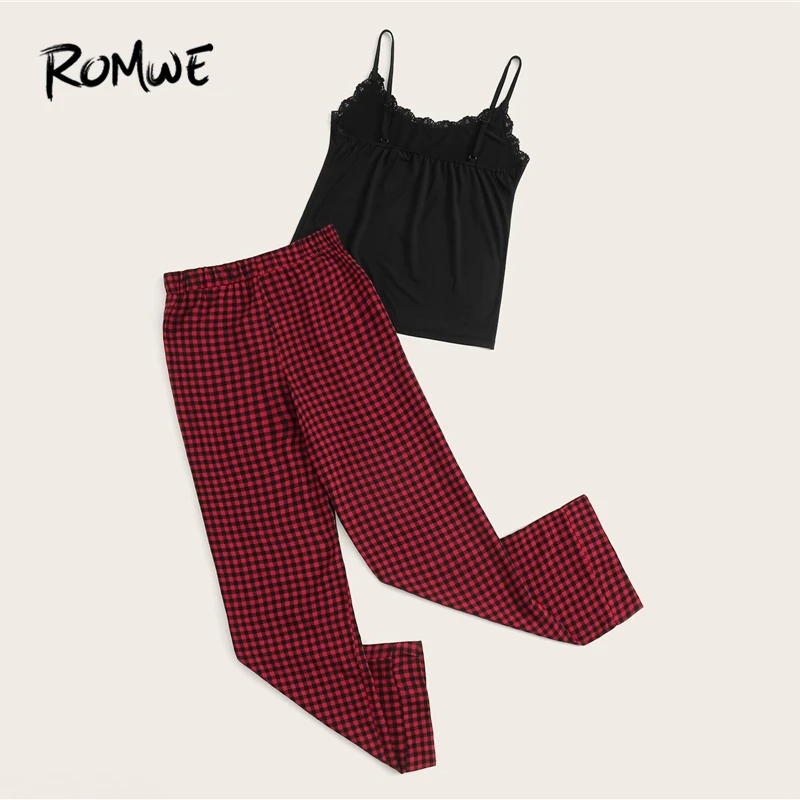 ROMWE кружевной отделкой Cami с шнурком Gingham брюки PJ набор летние женские спагетти ремень без рукавов Повседневная одежда для сна пижамные комплекты