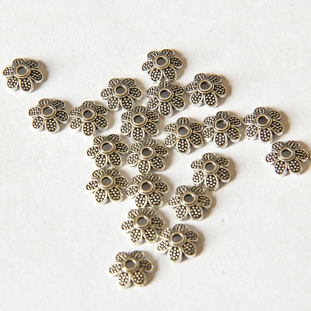 

100Pcs 7mm Tibetan Style Silver Five-petal Flower Spacer Beads Engraving Torus Accessories For DIY Jewelry Making Wholesale 2129