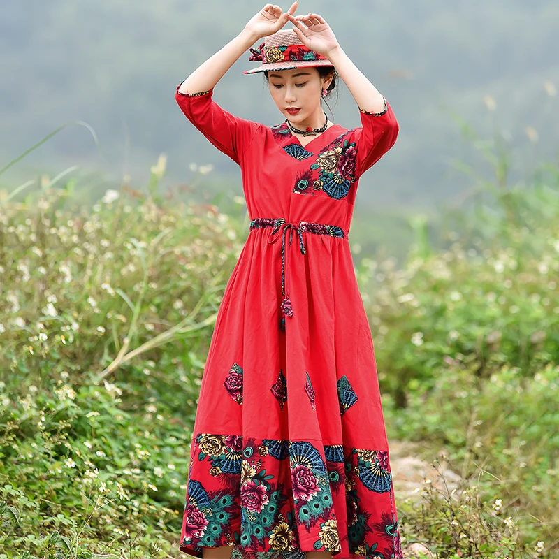 2019 Улучшенная красный для женщин платье пляжного отдыха китайский стиль ретро