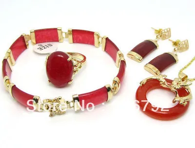 

free shipping *******18KGP Red stone necklace pendant earrings bracelet Ring Lucky Sets