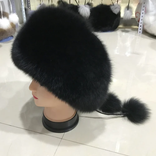 black Модная новая стильная Роскошная зимняя Русская Шапка из натурального Лисьего меха, Женская Теплая Шапка хорошего качества из натурального Лисьего меха - Цвет: black