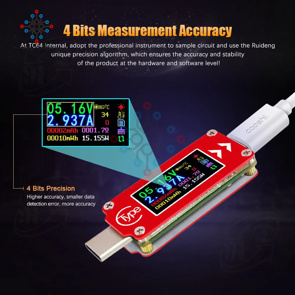 TC64 ЖК дисплей цветной USB Вольтметр Амперметр Напряжение измеритель тока Тип C