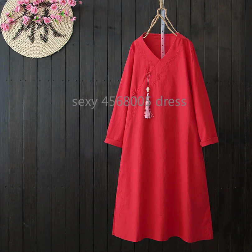 Китайский стиль ретро диагональная вышивка хлопок лен свободное платье Женский