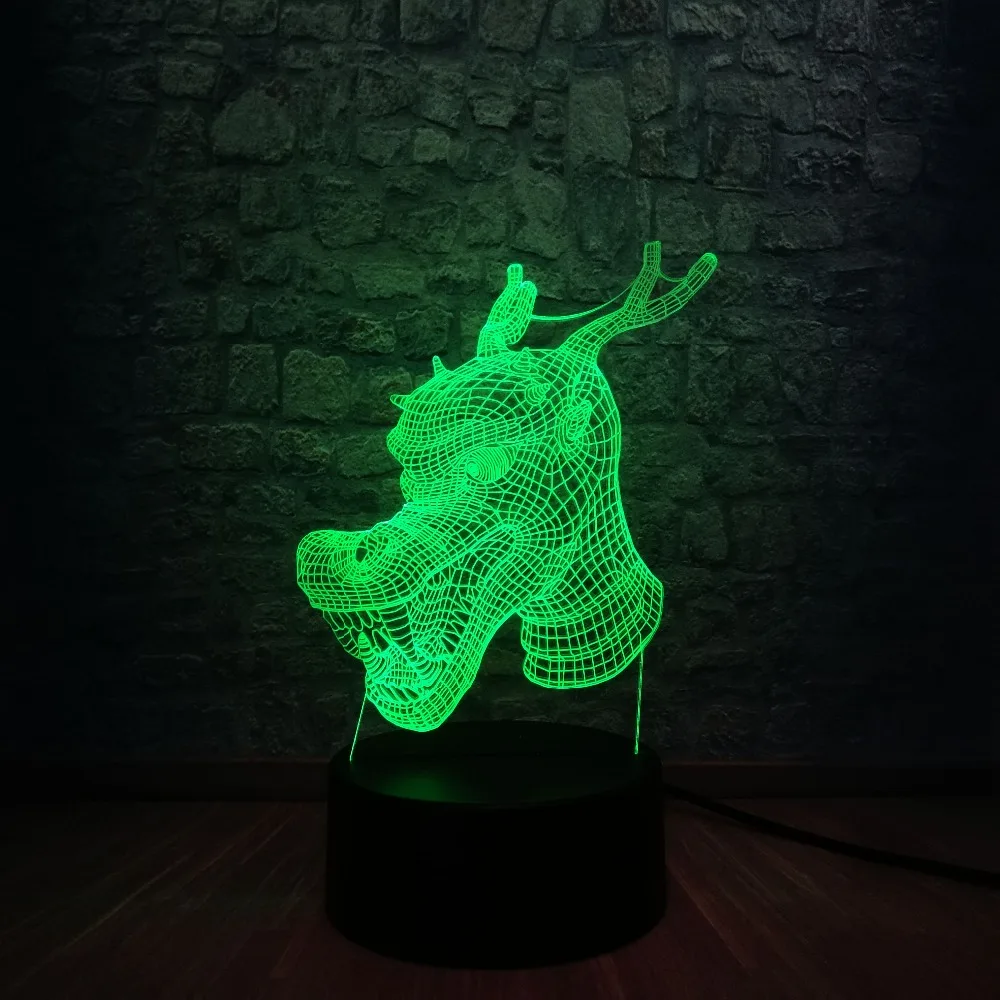 Креативные животные голова дракона 3D светодиодный USB ночные светильники 7 цветов