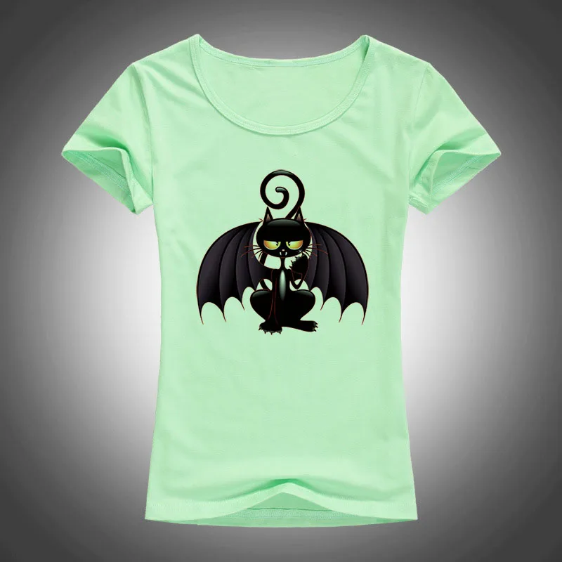 Новинка 2017 футболка с изображением черного кота и крыльев из мультфильма модная