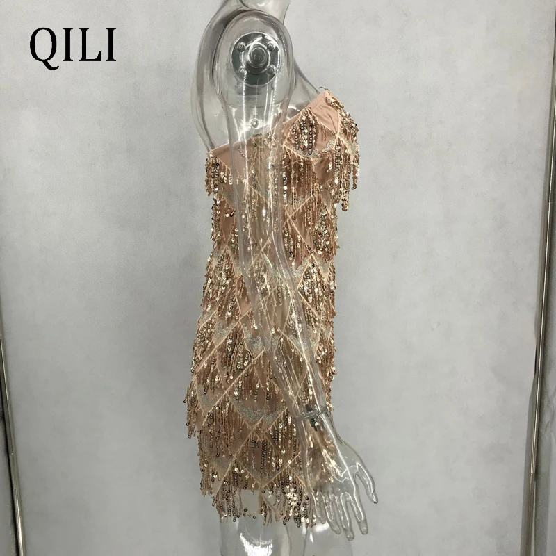 QILI элегантное платье с блестками сексуальное без бретелек v-образным вырезом