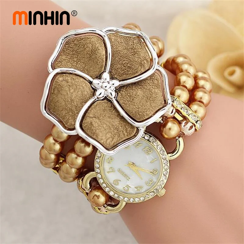 MINHIN женские богемные Цветочные наручные часы с искусственным жемчугом и