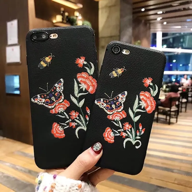 3D рельефная вышивка пчела чехол для телефона iPhone 6 8 7 текстура личи Мягкий ТПУ Plus X