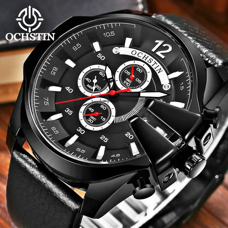 

OCHSTIN Top Brand Men Black Leather Strap Quartz Wristwatch Male Big Dial 24 Hours Multi-function Sports Watch Relogio Masculino