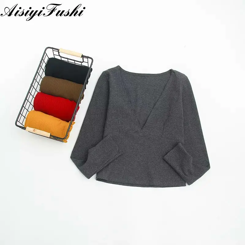 Thin V Neck Sweater Women Low Collar Sexy Knit Shirt Pullover Army Green Knitted Long Sleeve Spring Autumn | Женская одежда