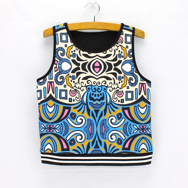 Женские винтажные укороченные футболки с принтом без рукавов круглым вырезом