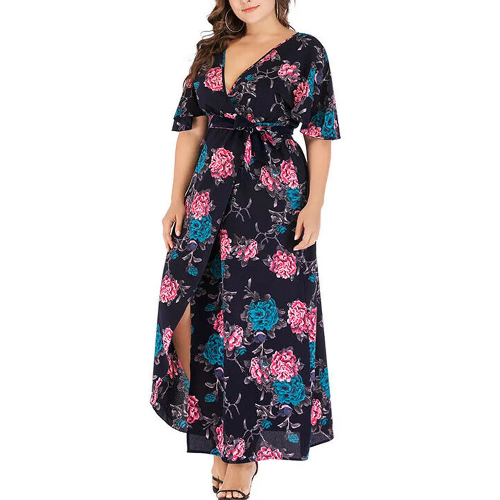 Женское платье размера плюс летнее Платье макси с коротким рукавом и v образным