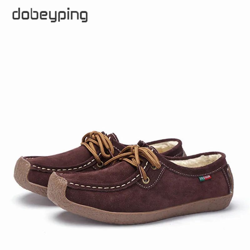Dobeyping/обувь из натуральной кожи; женские кроссовки на шнуровке; теплые плюшевые женские лоферы; мокасины; женская зимняя обувь; Размеры 35-42