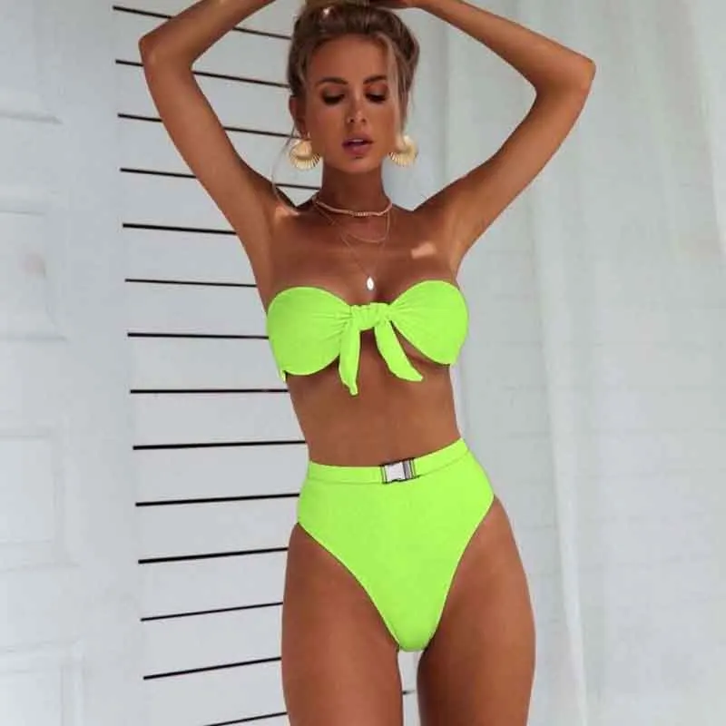 Сексуальный пуш-ап бикини с завязками на 2019 Высокая талия металлическая пряжка