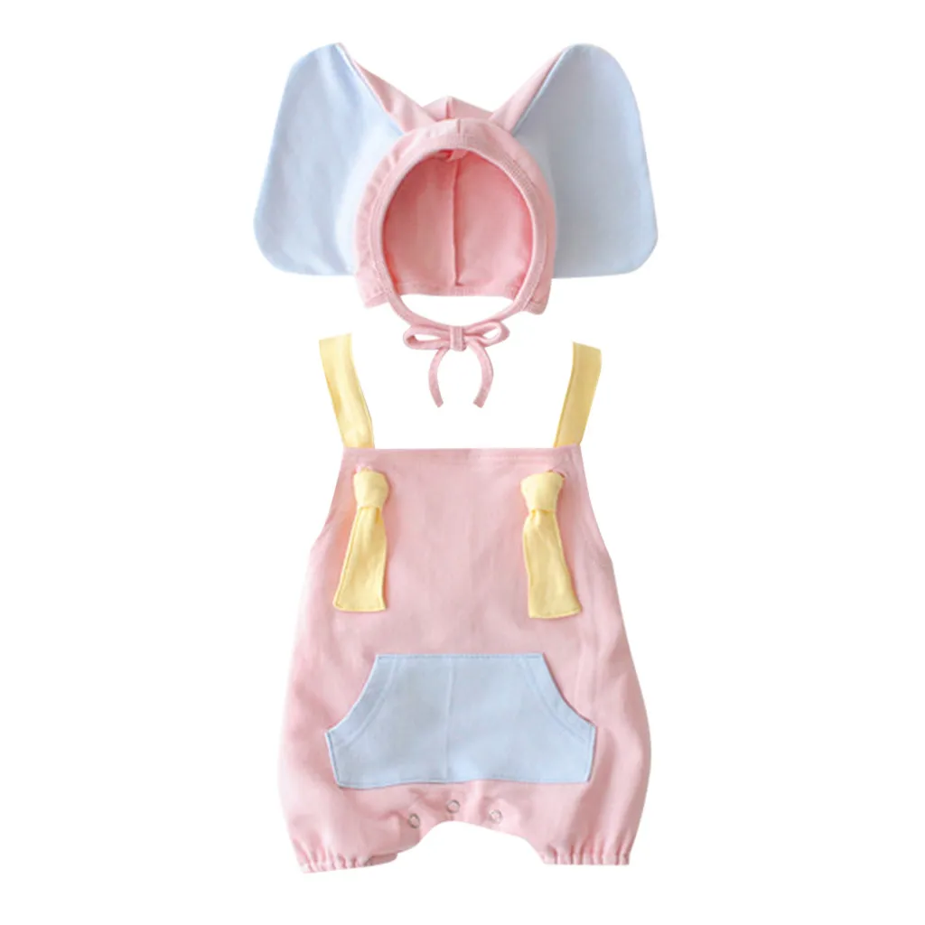 Pink Детские для девочки, мальчика, ребёнка Ползунки комбинезон мультфильм слоновая шапочка Костюм комплекты без рукавов Одежда для новорожденных летние наряды - Цвет: Pink