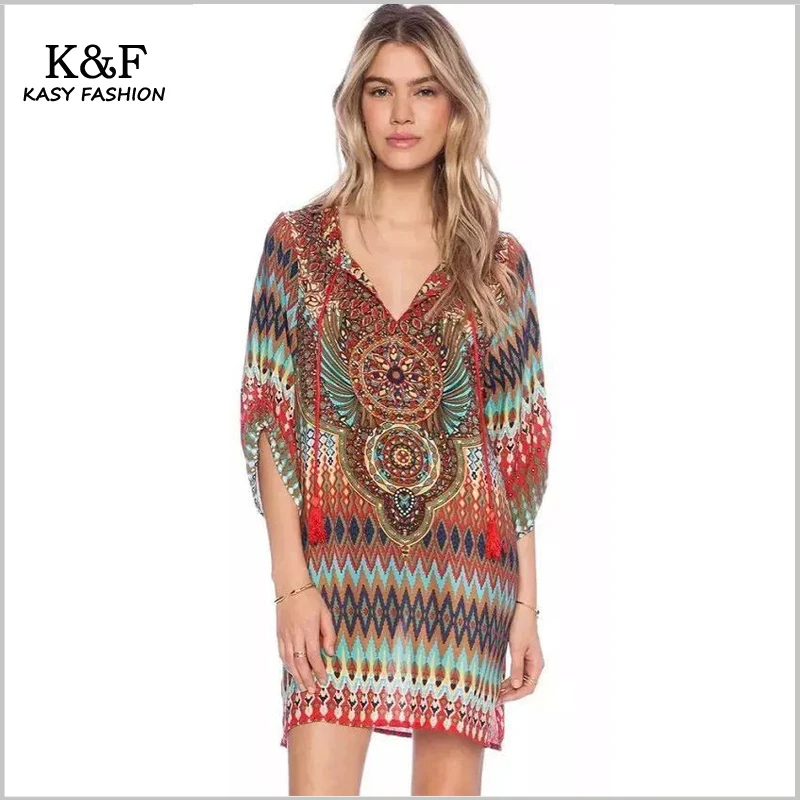 2015 Summer Style Women Casual Loose Hippie Bohemian Dress Retro Vintage Ethnic Floral Print Plus Size | Женская одежда