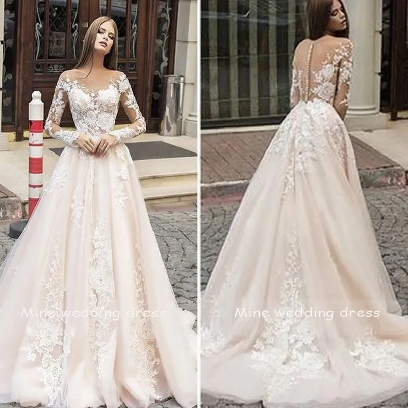 Boho свадебный наряд с длинными рукавами Robe de Mariee кружевная Апликация сзади на молнии и Пуговицы Свадебные платья