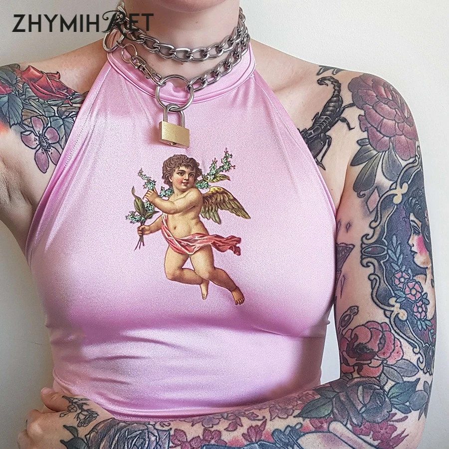 ZHYMIHRET Kwaii Angel принтованные укороченные топы на бретельках Женские розовые майки с