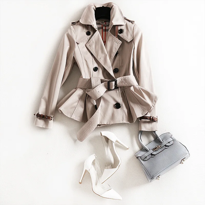 Женщины Пальто Короткое Пояса Кнопка Отложным Воротником Двойной Брестед