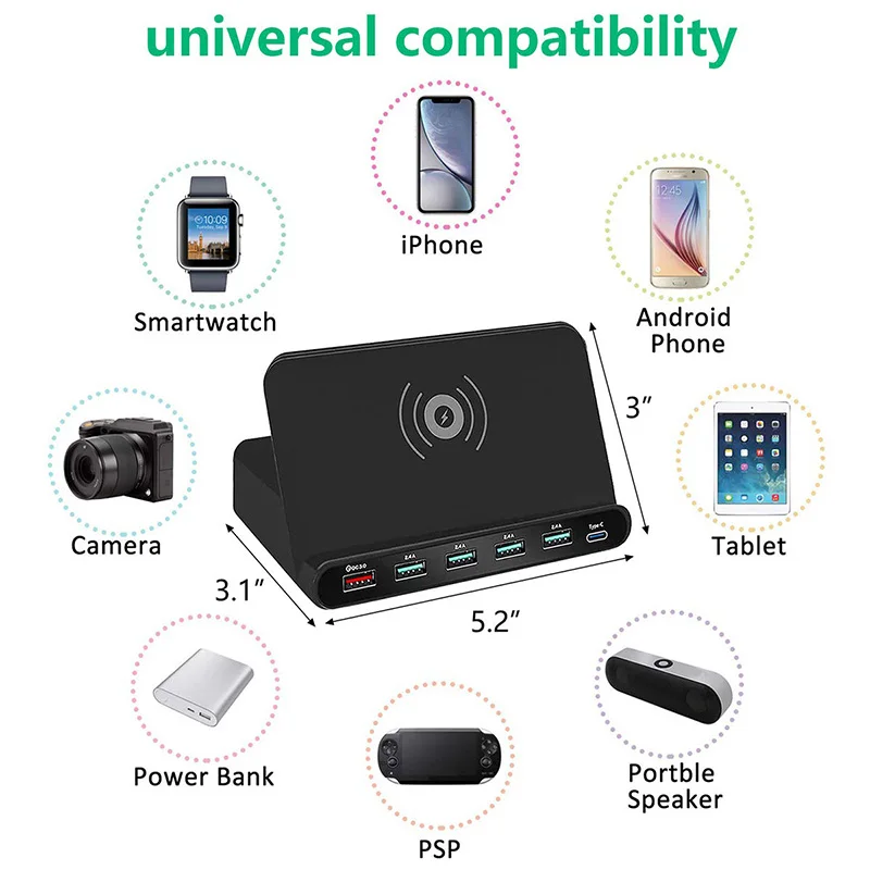 Беспроводная зарядная станция с несколькими устройствами USB 6-порт Qi устройство