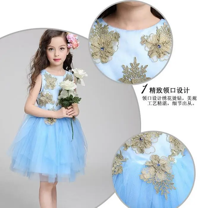 Детское кружевное платье принцессы для девочек с объемными цветами без рукавов