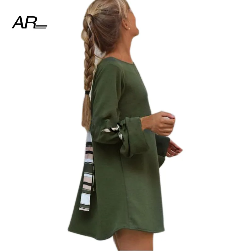 AR Sexy Backless Bandage mini Dress Summer Womens Long Sleeve Bow Cuff Solid Loose Dresses Women O-Neck Casual Short | Женская одежда
