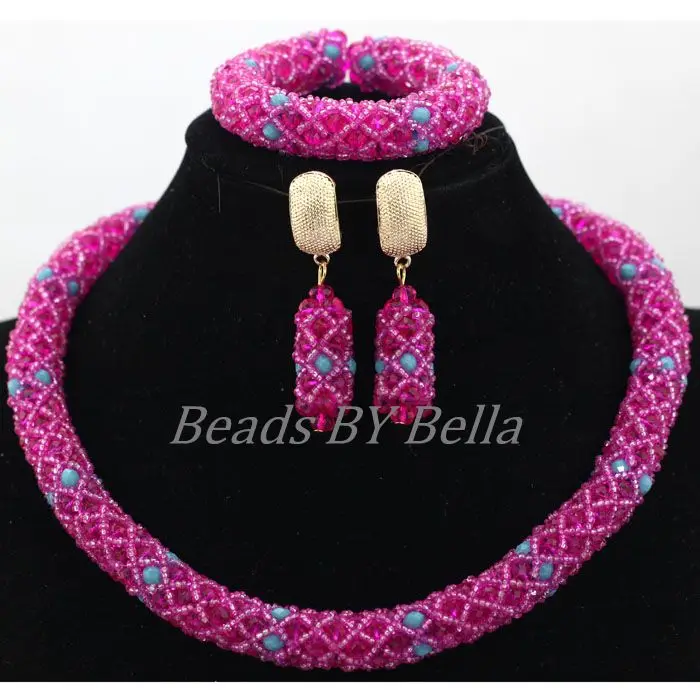 

Оптовая продажа, бисер, нигерийское ожерелье-чокер для женщин, набор ювелирных изделий из кружева, ювелирные изделия с кристаллами Fushia, афри...