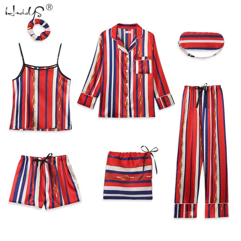Stripe Printing Women's 7 Pieces Pajamas Sets Emulation Silk Satin Pajamas Women Sleepwear Sets Spring Summer Autumn Homewear