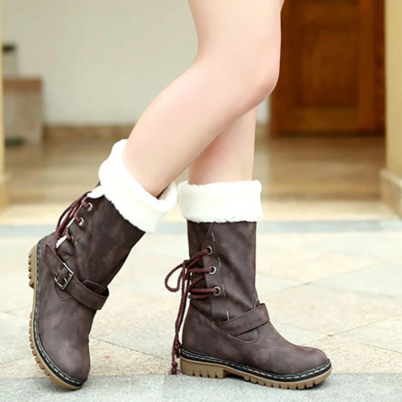 

Snow Boots Mid Calf Boots Black Coffee Yellow Flat Women Shoes Fashion Buckle Martin Boots Ladies Fur Winter Boots Plus Size 46