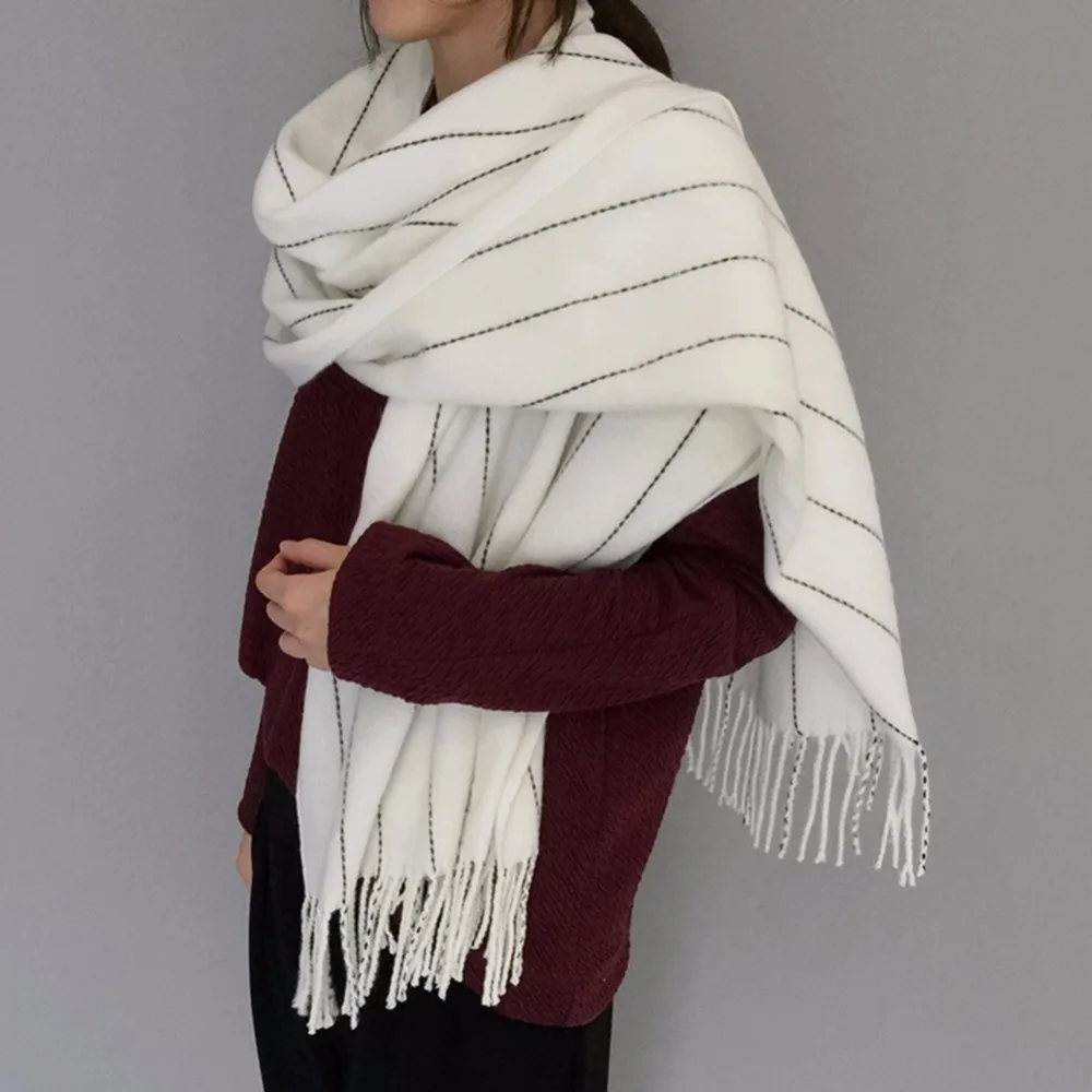 Дешевые унисекс полосы кисточкой шарф белый имитация кашемира утолщаются
