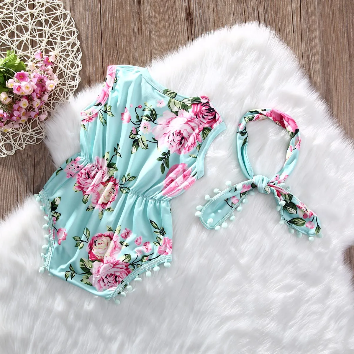 

New Cotton Summer Ruffled Floral Baby Girl Clothes Headband Set, Sleeveless Toddler Girl Romper Photography Props
