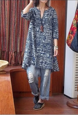 Акция Топы Плюс Размер винтажная хлопковая Свободная рубашка с v-образным