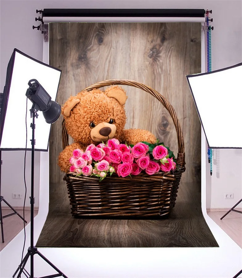 Laeacco Toy Bear Rose Flowers Basket Wooden Floor Photography Backgrounds Vinyl Custom Photographic Backdrops For Photo Studio |