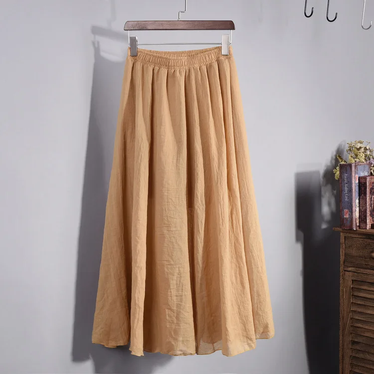 Dark Khaki Высокая талия двухслойные женские летние гофрированные длинные юбки Saia хлопок и лен женские розовые макси юбки Faldas Jupe Femme - Цвет: Dark Khaki