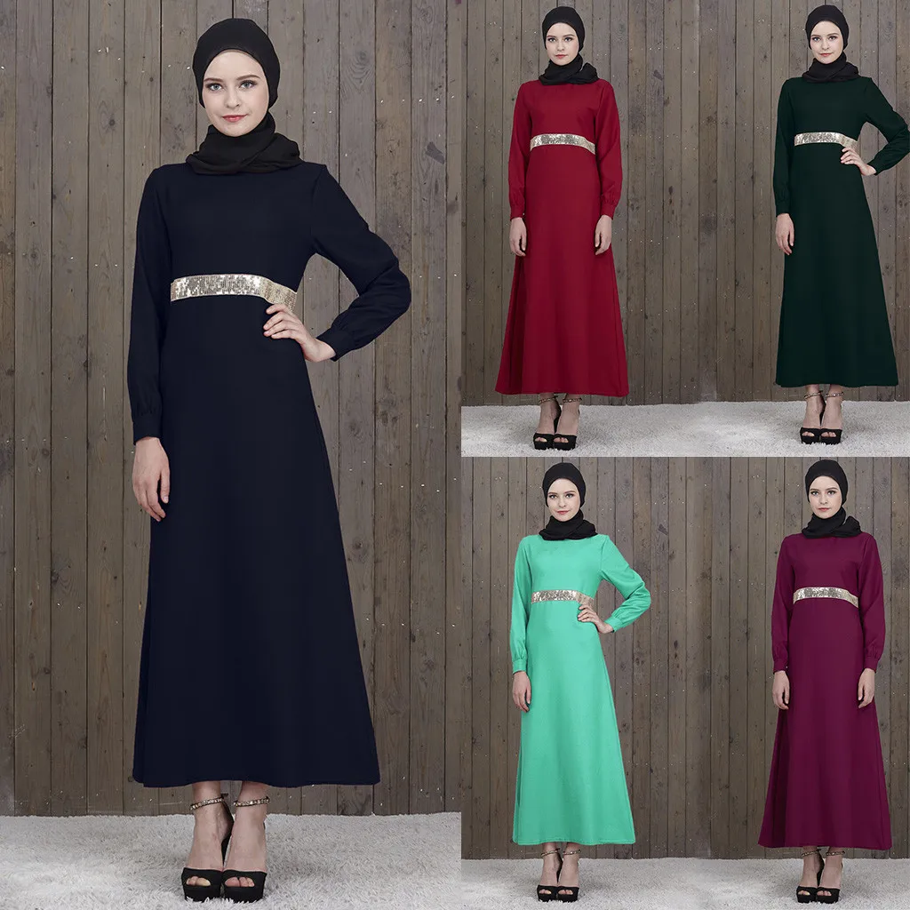 Модное мусульманское женское платье Макси с длинным рукавом и блестками абайя