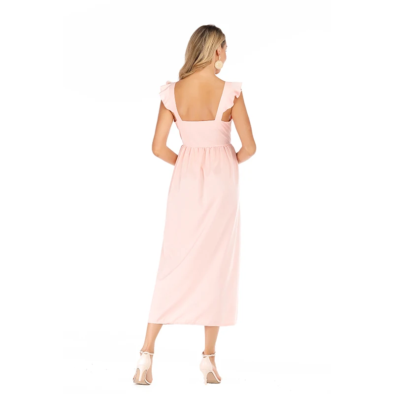 P Ammy 2019 Women Sleeveless Strap Mid-Long Dress Elegant Single-Breasted Stand Party female Solid Maxi vestido | Женская одежда