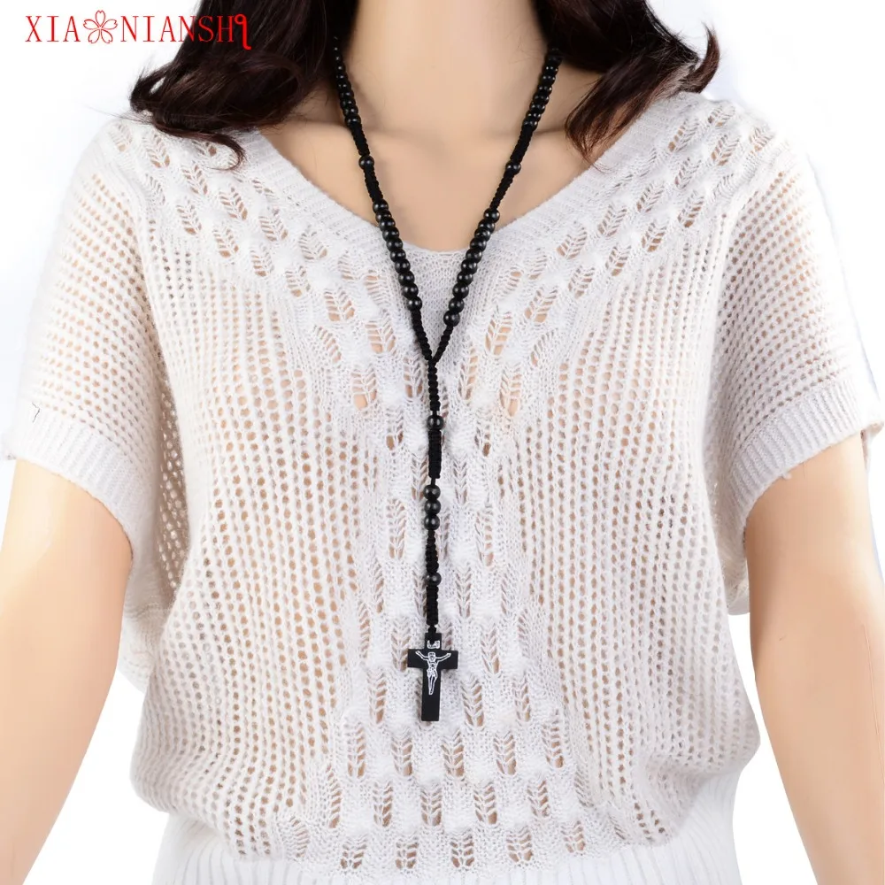 Круглое деревянное ожерелье из сплава цепочка с кулоном в виде Креста Иисуса