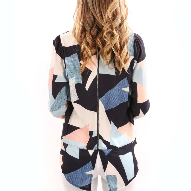 Женская блузка с длинным рукавом геометрическим узором на молнии сзади