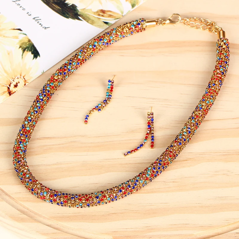 2018 Fashion Colorful Rhinestone Crystal Choker Necklace Drop Earrings Wedding Jewelry Sets Accessories for Women | Украшения и