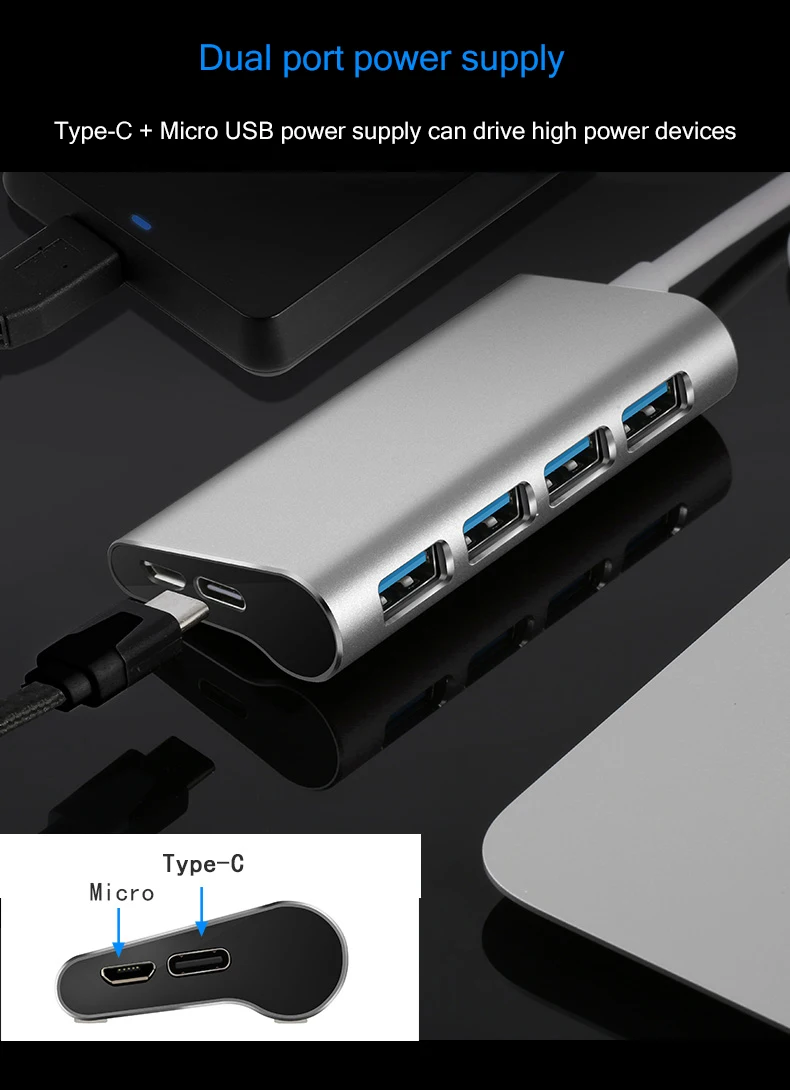 4-портовый Алюминий сплава USB 3,0 концентратор 5 Гбит/с супер Скорость 0,6 м/1 м usb-хаб Тип-C Micro Зарядка через usb разветвитель для настольного компьютера ноутбука