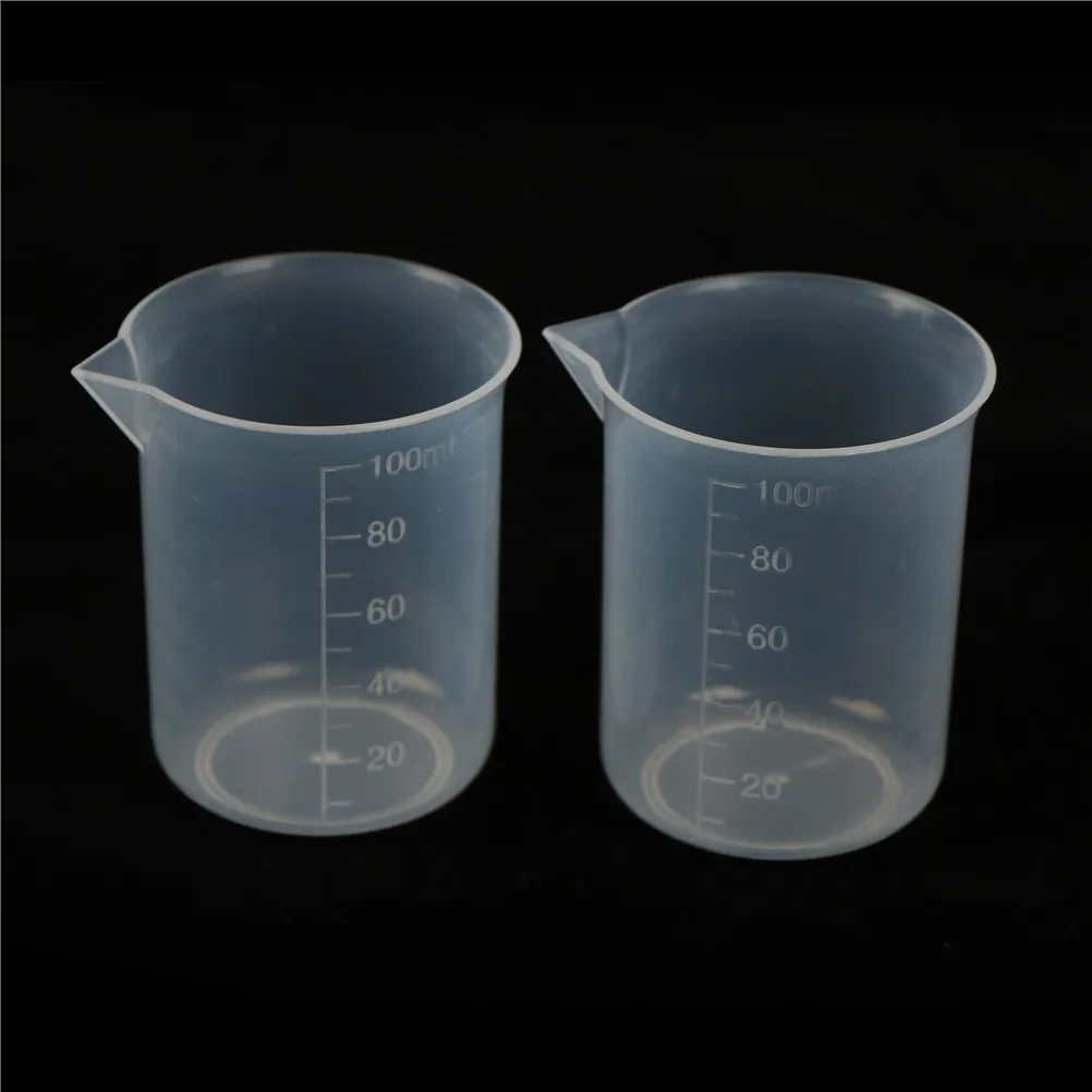 

2 шт., 100 мл, пластиковые прозрачные стаканы, Градуированный борсиликатный мерный стакан, школьные лабораторные учебные принадлежности