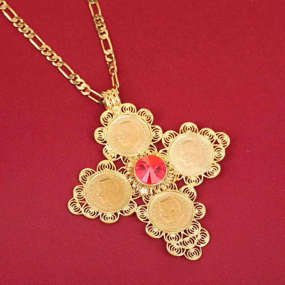 Ожерелье с подвеской в виде креста эфиопскими монетами женское ювелирное