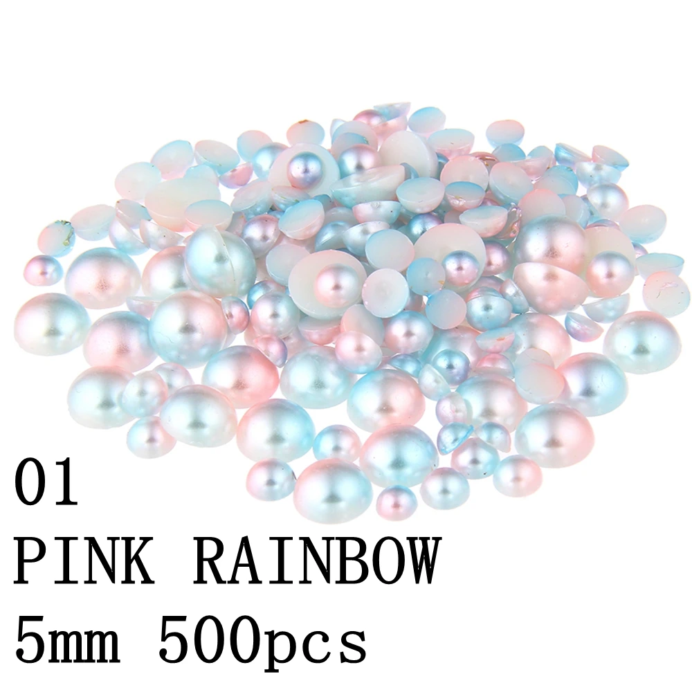 01 PINK 5mm 500pcs Маленькая упаковка радужных полукруглых жемчужин 3 мм 4 мм 5 мм 6 мм с плоской задней частью, имитация рукоделия, свадебные платья, 3D украшения для дизайна ногтей - Цвет: 01 PINK 5mm 500pcs