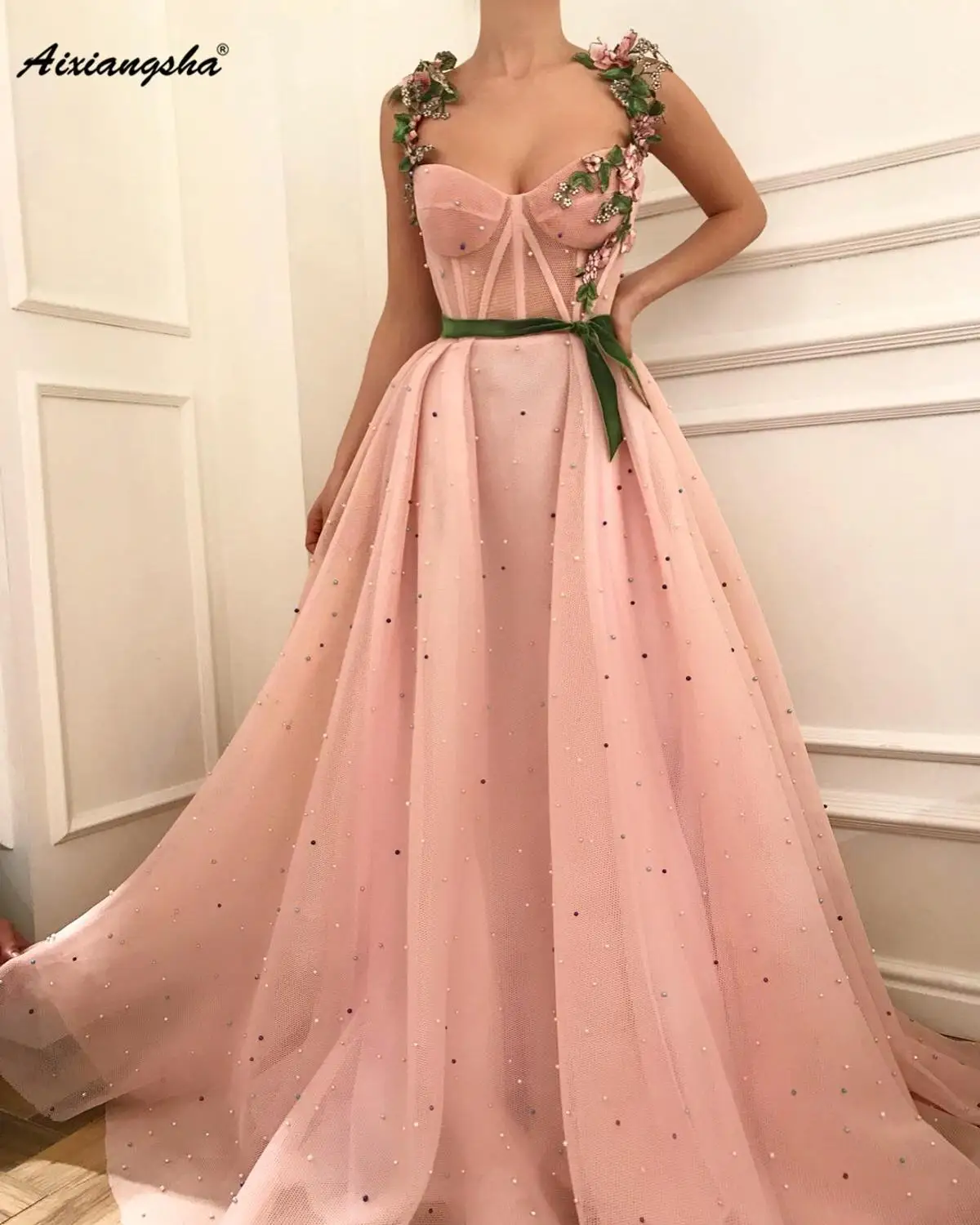 

Розовое вечернее платье в пол на бретелях-спагетти, Очаровательное длинное вечернее платье с кружевной аппликацией и бисером, бальное плат...